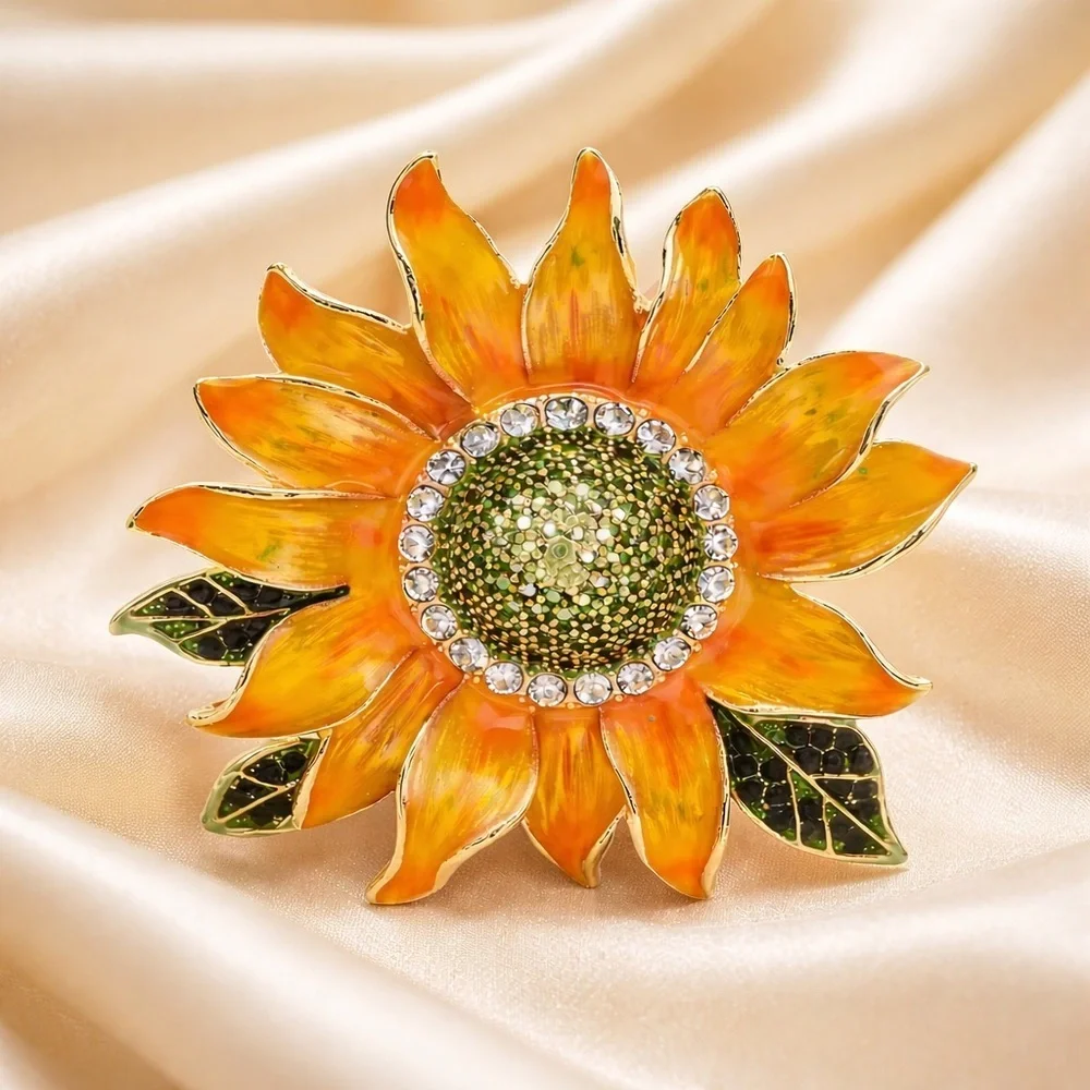 Floral Sunflower Brooch Pin – Crystal Rhinestone Flower Jewelry